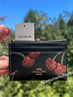 COACH Mini Skinny Id Case Leather Cardholder Wallet w Cherry Print NWT AUTHENTIC